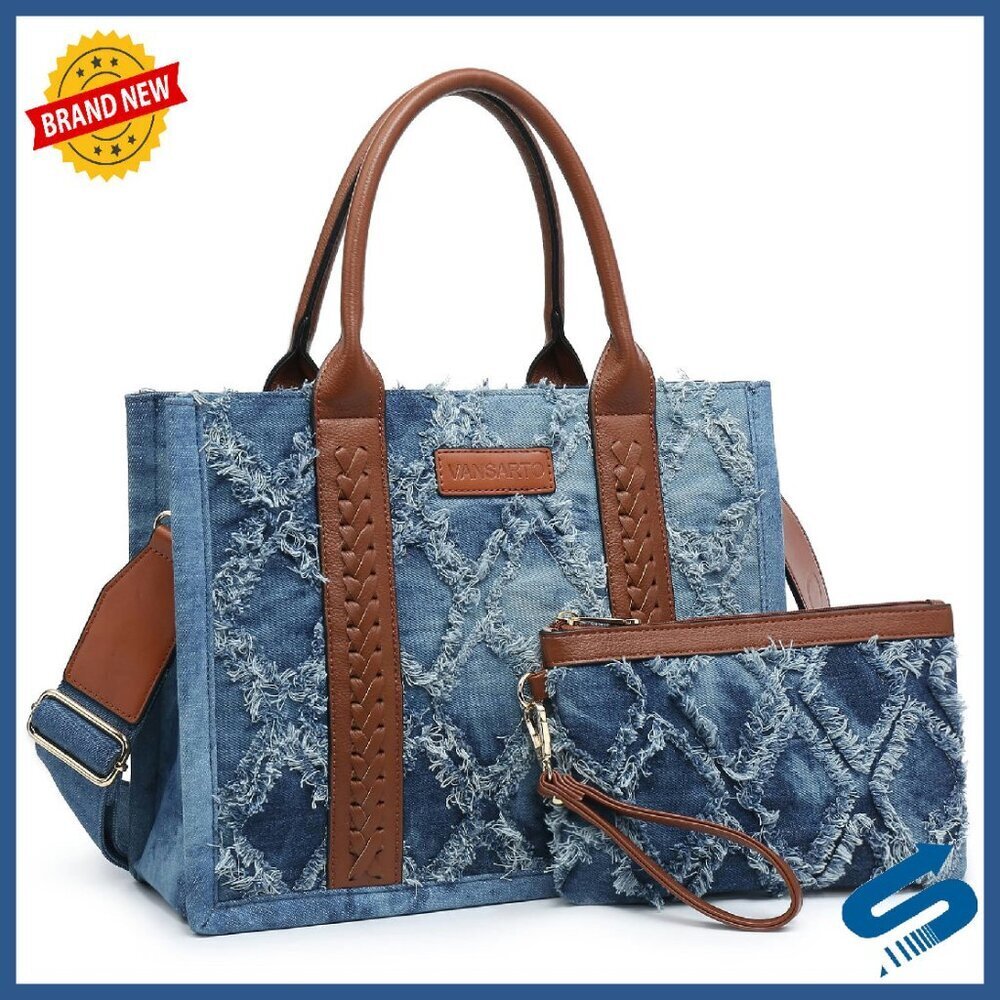 Denim Tote Bag with Wristlet - Quilted Pattern - Adjustable Strap - 13.5"